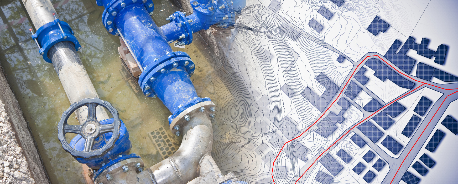 Construction site with new metal  hydraulic system of drinking water to be carried out under the road surface level and imaginary city map