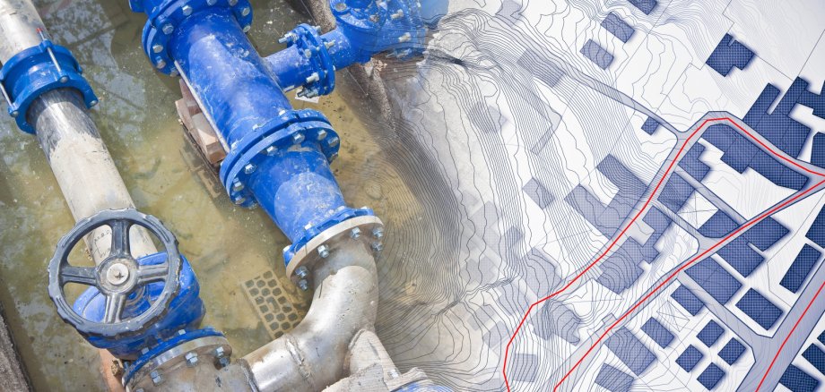 Construction site with new metal hydraulic system of drinking water to be carried out under the road surface level and imaginary city map Construction site with new metal hydraulic system of drinking water to be carried out under the road surface level and imaginary city map