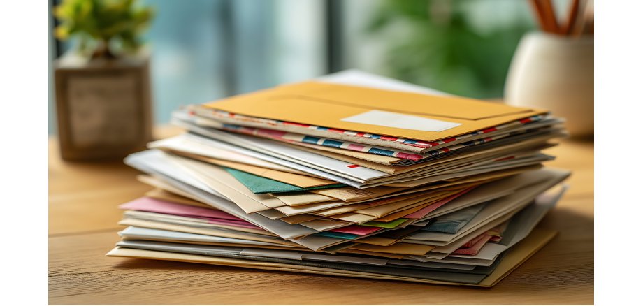 A stack of junk mail on the table at office. Important letters from junk mail, Correspondence, Organization concept