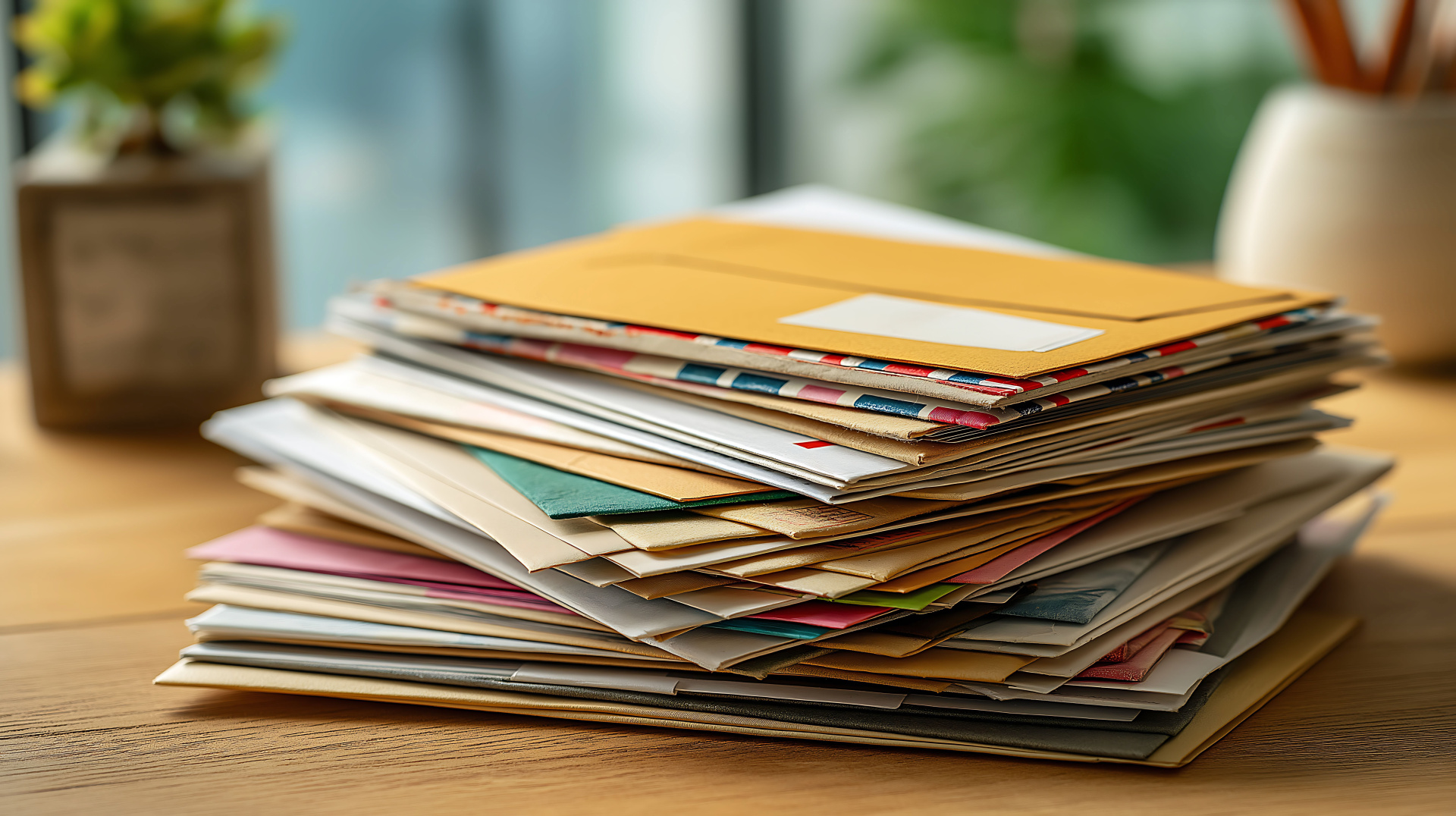 A stack of junk mail on the table at office. Important letters from junk mail, Correspondence, Organization concept